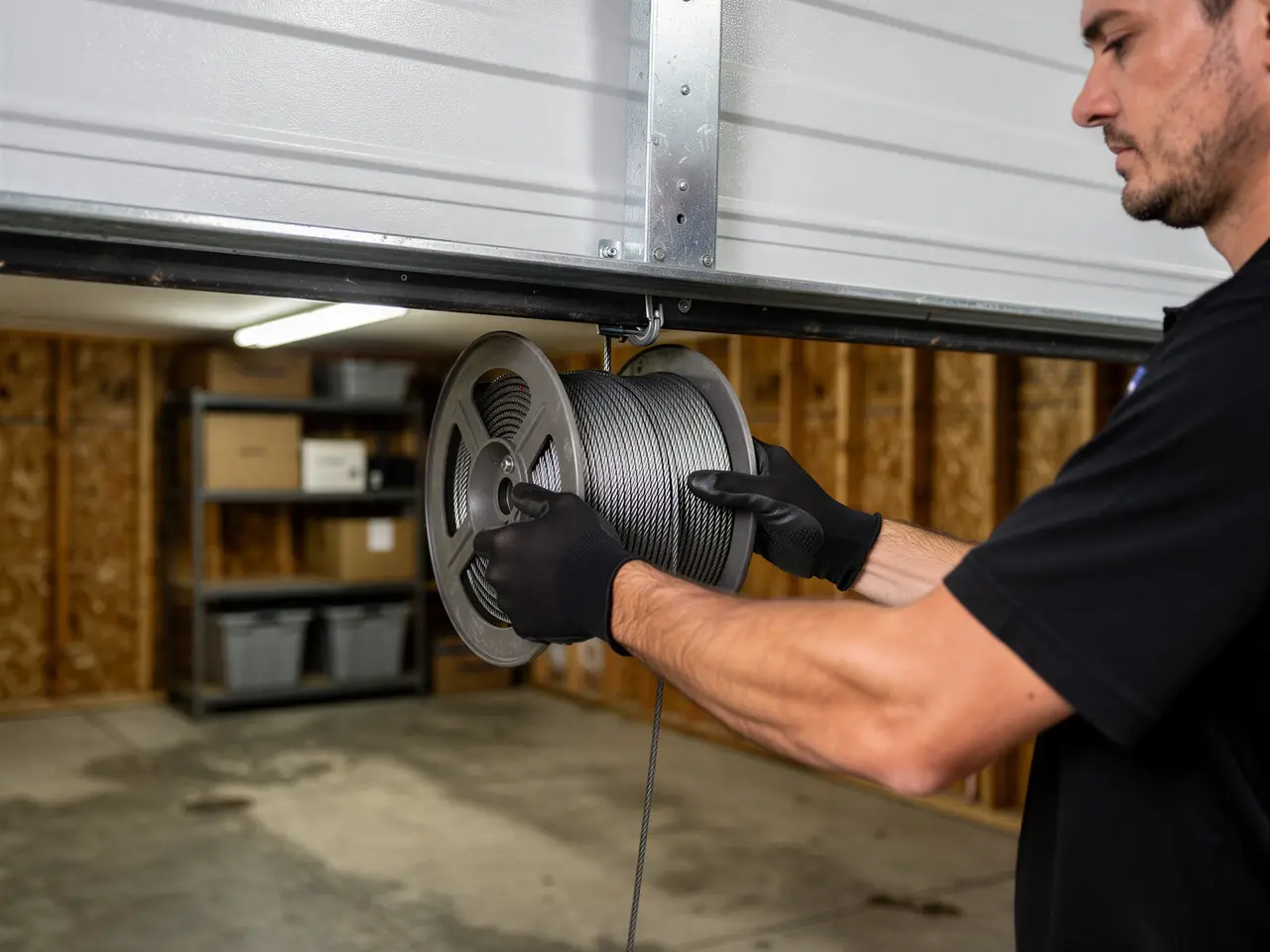 A technician in black gloves holds a spool of cable under a white garage door.