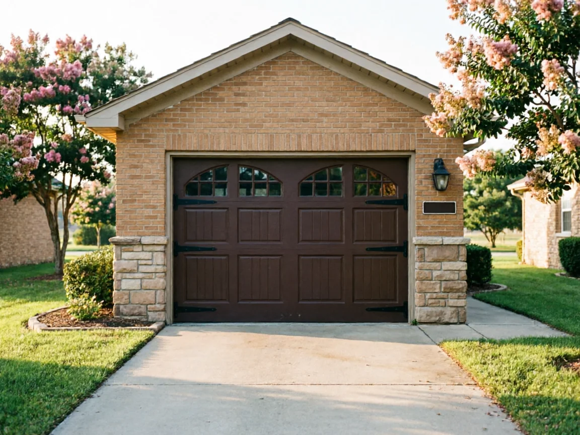 The brown garage door has decorative windows and hinges on a brick house.