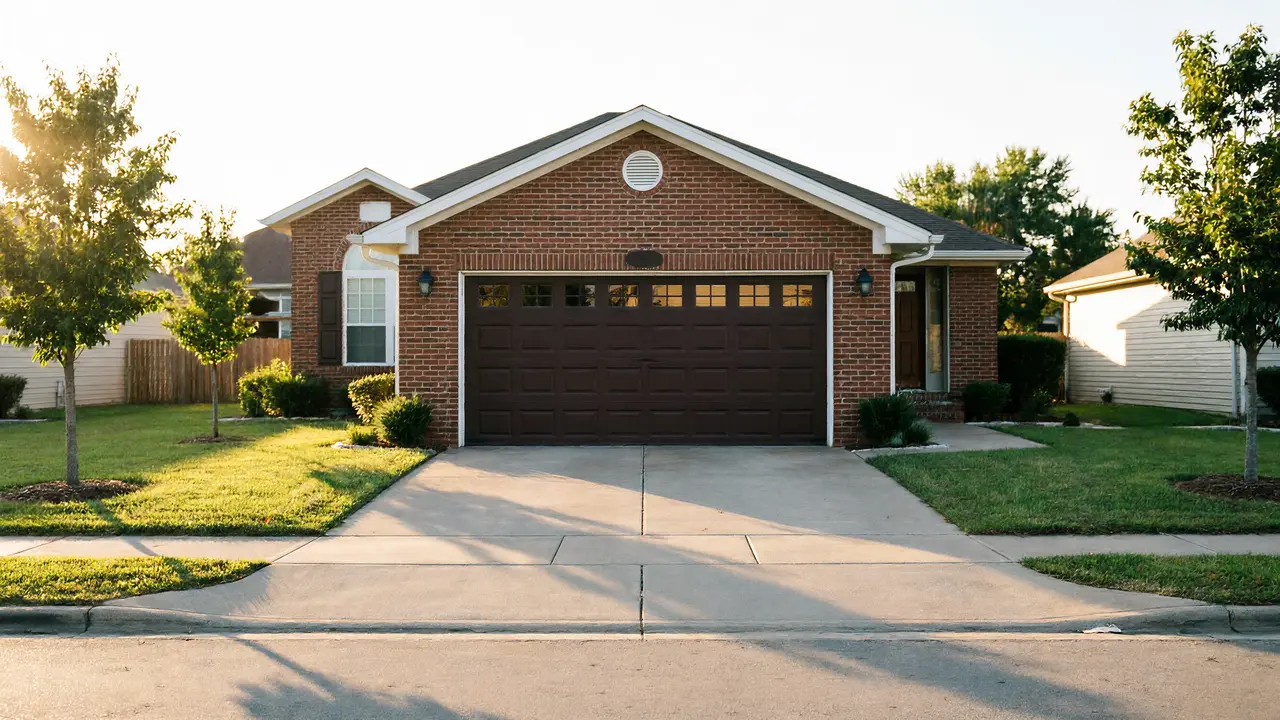 A brick house with a brown garage door and a concrete driveway.