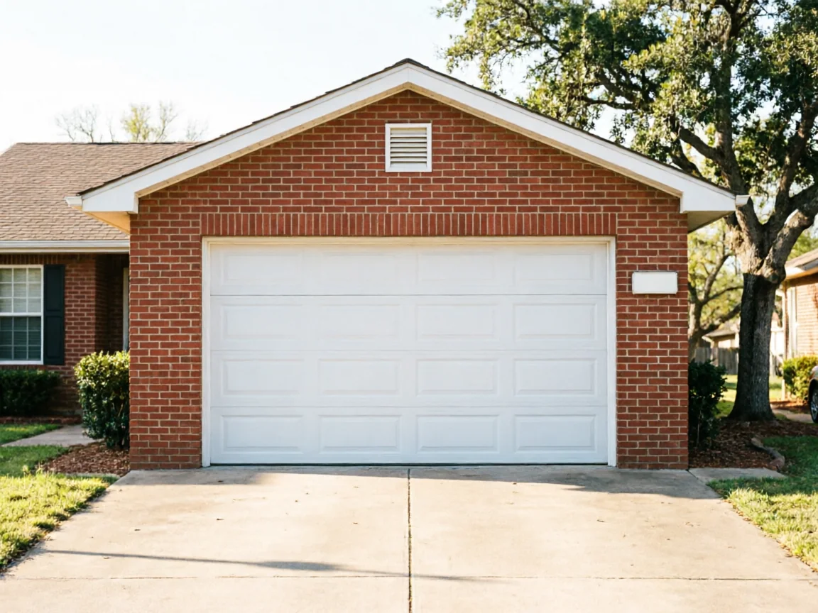 A white garage door is on a red brick house with a concrete driveway.